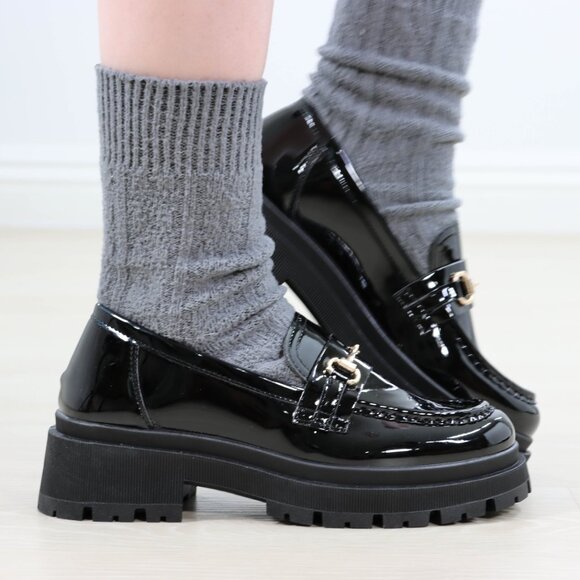 Black Patent Horsebit Loafers Chunky Platform Lug Sole Slip-Ons Modern Academia - Picture 10 of 16